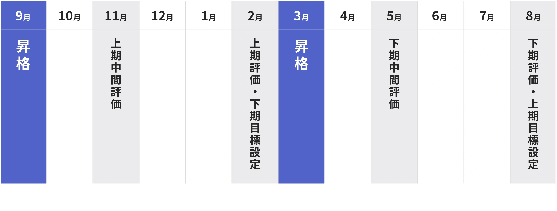 9月昇格 11月上期中間評価 2月上期評価・下期目標設定 3月昇格 5月下期中間評価 8月下期評価・上期目標設定